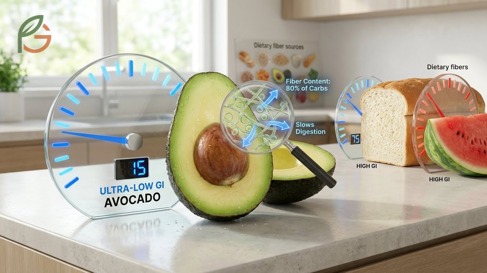 Avocado glycemic index chart showing a low score of 15 compared to other fruits for safe blood sugar management.