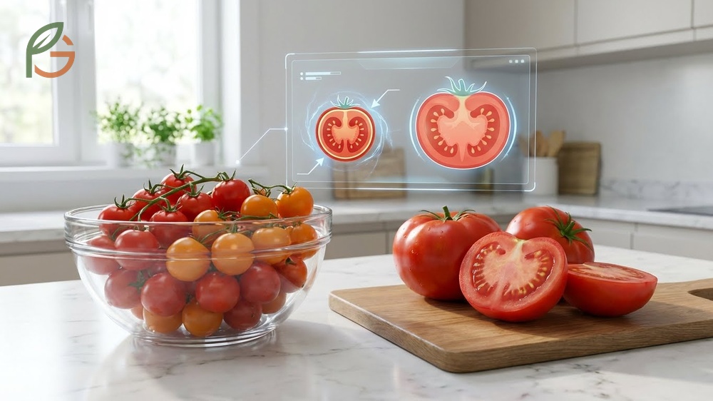 Cherry tomatoes vs regular tomatoes showing higher lycopene density due to skin to flesh ratio.