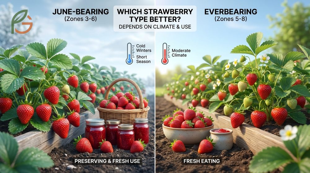 How to choose between June bearing vs everbearing strawberries based on climate zone and preservation goals.