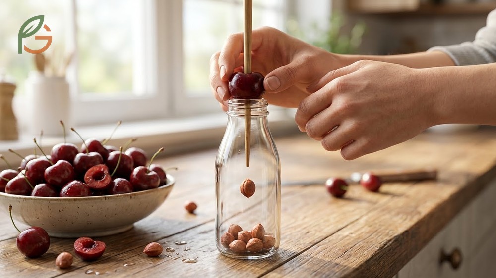 Pushing a cherry pit through the fruit using a chopstick and an empty bottle for stability.