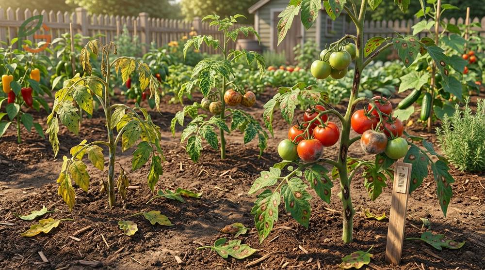 Diseases of tomato plants include fungal infections and bacterial specks that look similar but require different treatments.