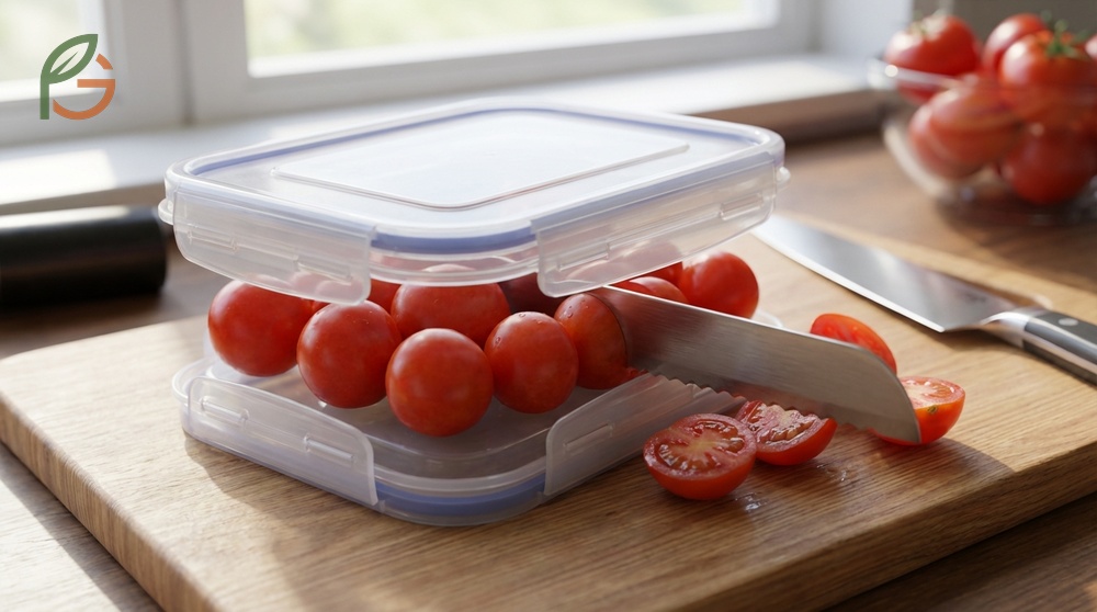 Cutting cherry tomatoes hack using two plastic lids and a bread knife to slice a dozen at once.