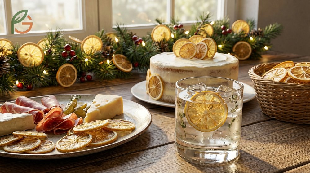 Dried lemon slices used as elegant garnishes for cocktails and natural holiday decorations.
