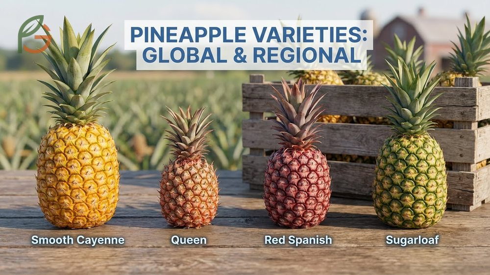 Different Types of Pineapple Varieties showcasing Smooth Cayenne and Red Spanish fruits side by side.