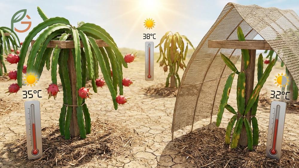 Sunlight and temperature requirements for dragon fruit needing 6 to 8 hours of direct sun daily for maximum production.