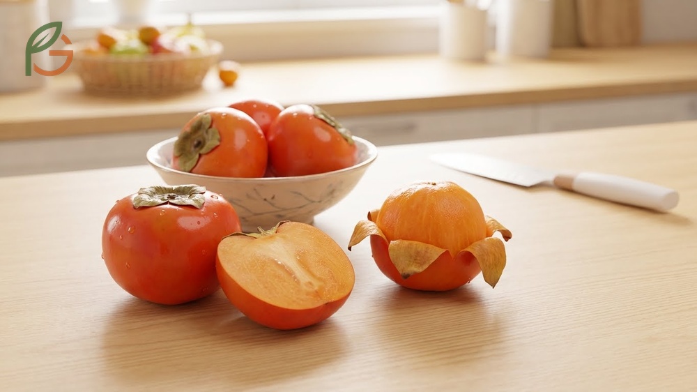 Fresh organic Fuyu persimmons stacked to highlight their oblate tomato like shape and firm orange skin.