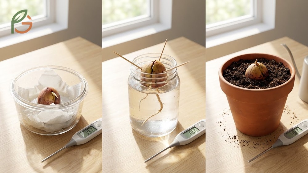 Germination time for an avocado pit ranges from two to four weeks under optimal conditions of 75 to 80 degrees Fahrenheit.