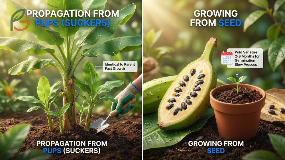 Growing banana from pup versus seed comparing propagation speed and genetic consistency.