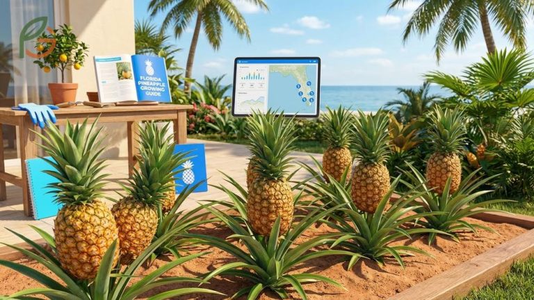 A lush pineapple garden growing in the warm coastal climate of Florida.