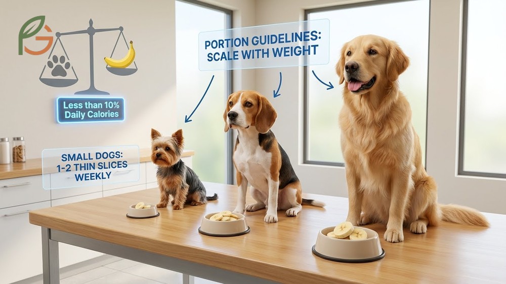 Appropriate banana portion sizes for dogs based on weight to prevent excessive sugar consumption.