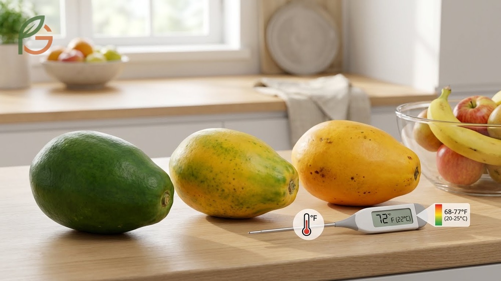 How to ripen papaya effectively involves keeping the fruit at room temperature between sixty eight and seventy seven degrees.