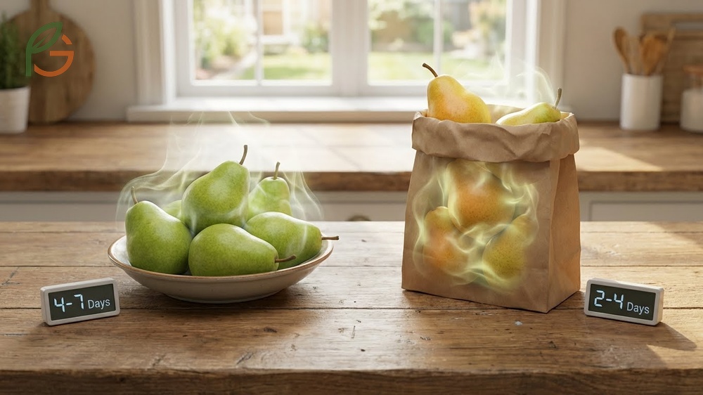 How to ripen pears relies on natural ethylene gas production and checking the neck for gentle yielding.