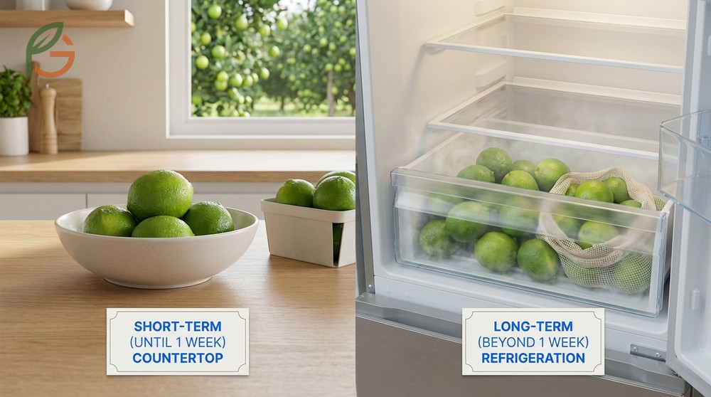 How to store limes in a refrigerator crisper drawer to maintain humidity and extend shelf life.
