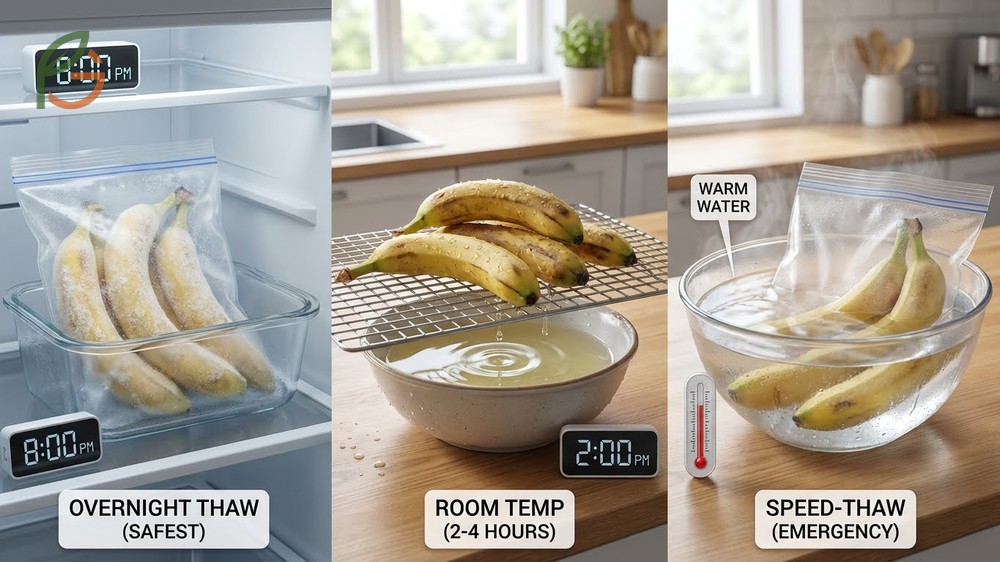 How to thaw frozen bananas safely in the refrigerator or microwave for baking recipes and smoothies.