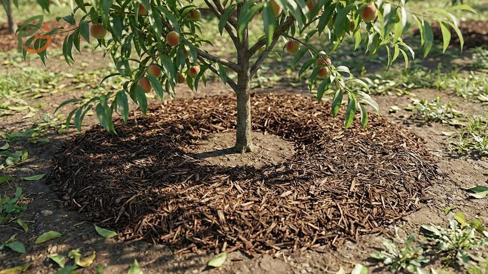 Mulching fruit trees with a 3 to 4 foot wide ring conserves moisture and suppresses competing weeds.