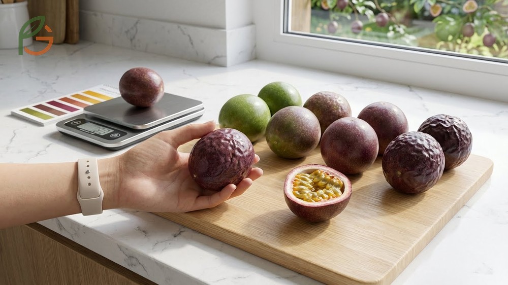 Passion fruit ripeness indicators include a strong tropical aroma and wrinkled skin that signals maximum sugar content.