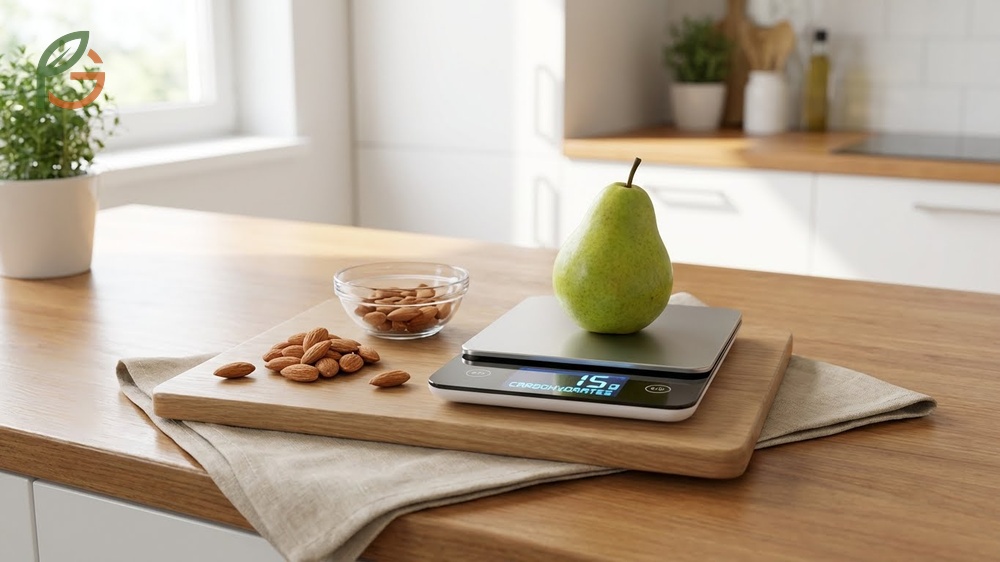 One medium pear serving paired with a handful of almonds to demonstrate balanced snacking for blood sugar control.
