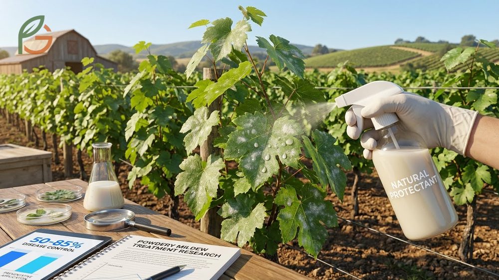 Powdery mildew on grapes treatment using sulfur based sprays and horticultural oils to control fungal growth in organic vineyards.