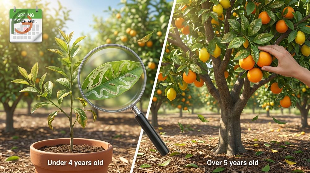 Preventing leaf miner damage by protecting young trees under 4 years old during spring flush.