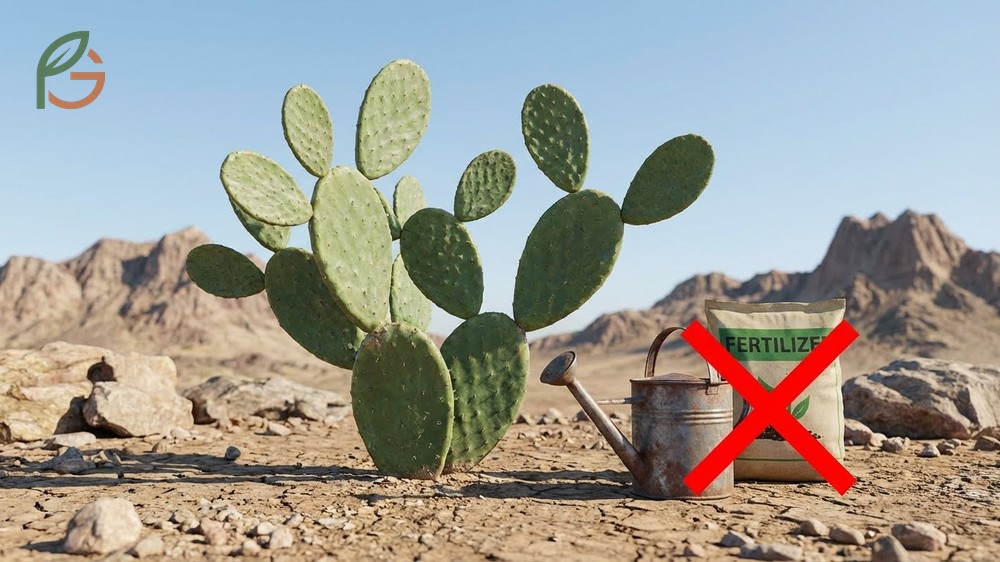 Prickly pear plant care involving minimal watering and specific fertilizer needs for growth.