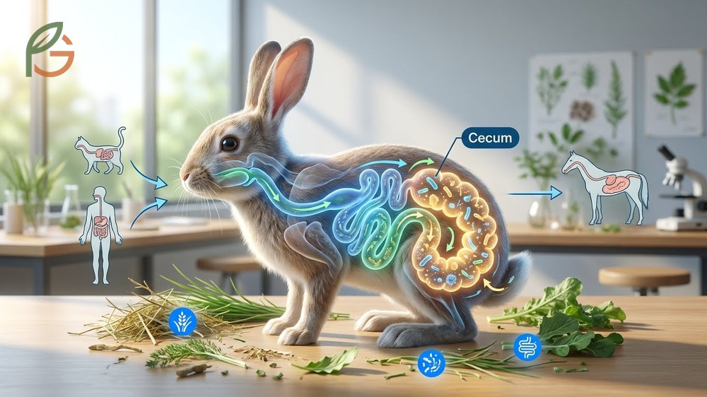 Diagram of rabbit hindgut fermentation system showing how fiber and natural fruit sugars are processed.