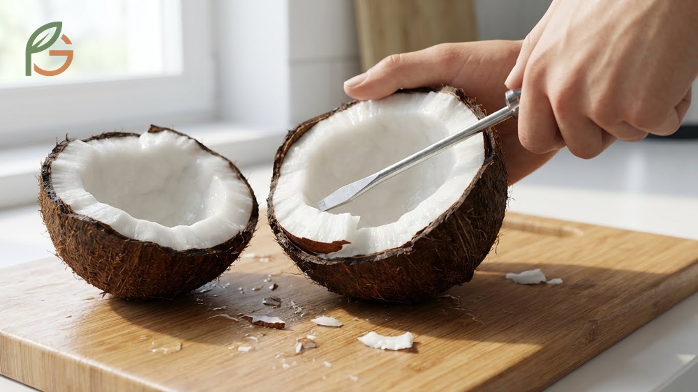 How to remove coconut meat from the shell using a butter knife or by freezing the coconut beforehand.