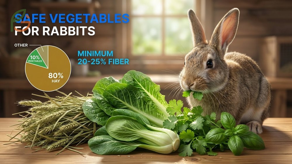 Safe vegetables for rabbits list featuring leafy greens like romaine lettuce and cilantro for daily feeding.