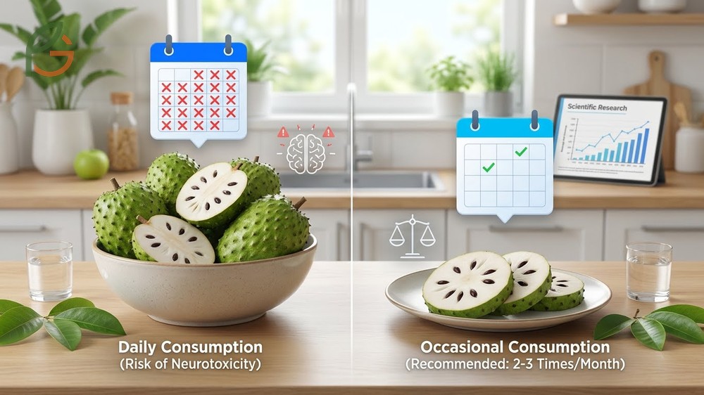 Soursop consumption limits recommending max 2-3 servings per month of fresh pulp to avoid neurotoxic accumulation.