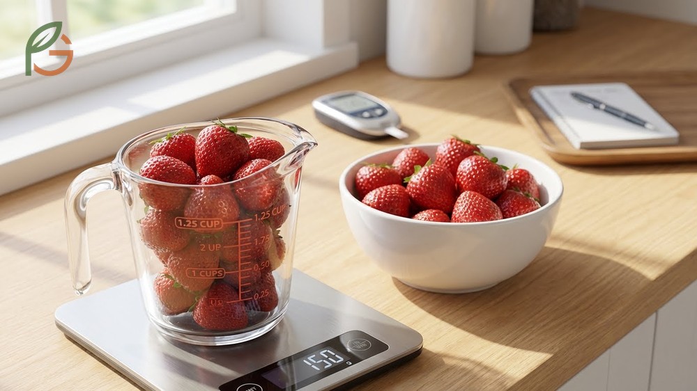 One cup serving of whole strawberries containing 15 grams of carbohydrates suitable for diabetes management.