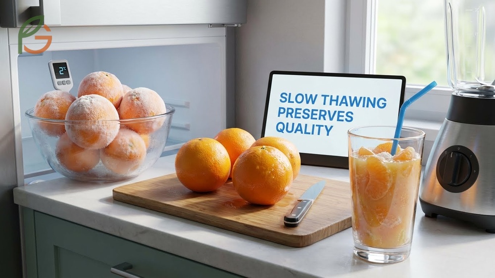 Thawing frozen oranges in the refrigerator takes 10 to 12 hours while cold water takes 1 to 3 hours.