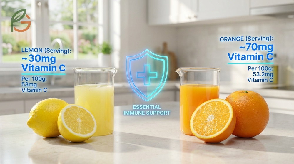 Vitamin C in lemon vs orange comparison shows oranges provide more total nutrients per typical serving size.