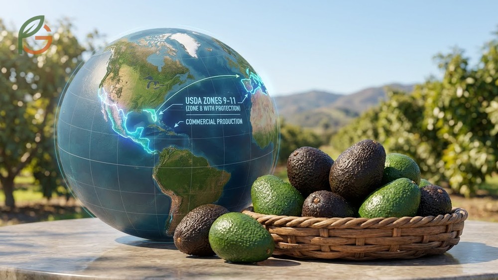 Where are avocados grown showing major regions like Michoacan and Southern California with ideal climates.
