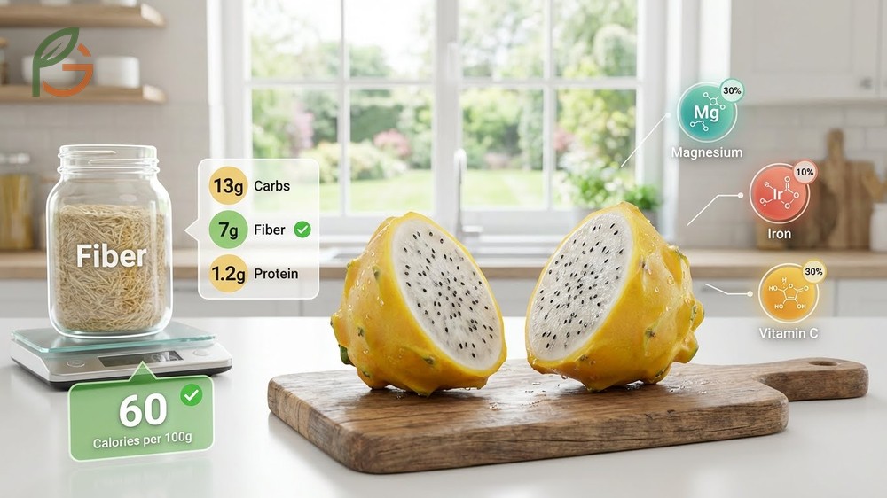 Yellow dragon fruit nutrition facts listing 60 calories per 100g along with magnesium and healthy omega 3 seeds.