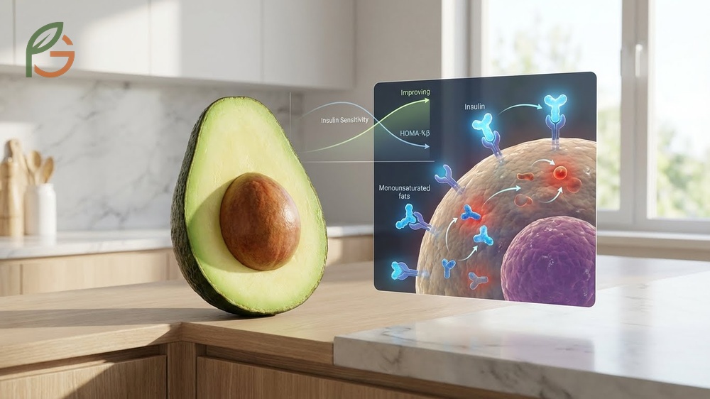 Avocado and insulin resistance illustrated by monounsaturated fats improving insulin sensitivity and beta cell function.