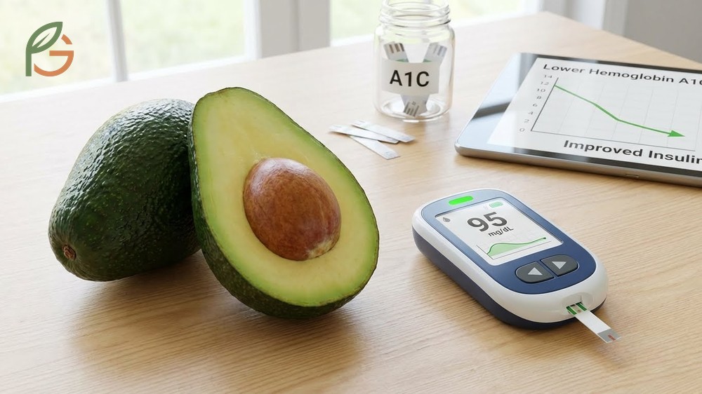 Avocado and blood sugar regulation benefits due to low glycemic index and high fiber content.