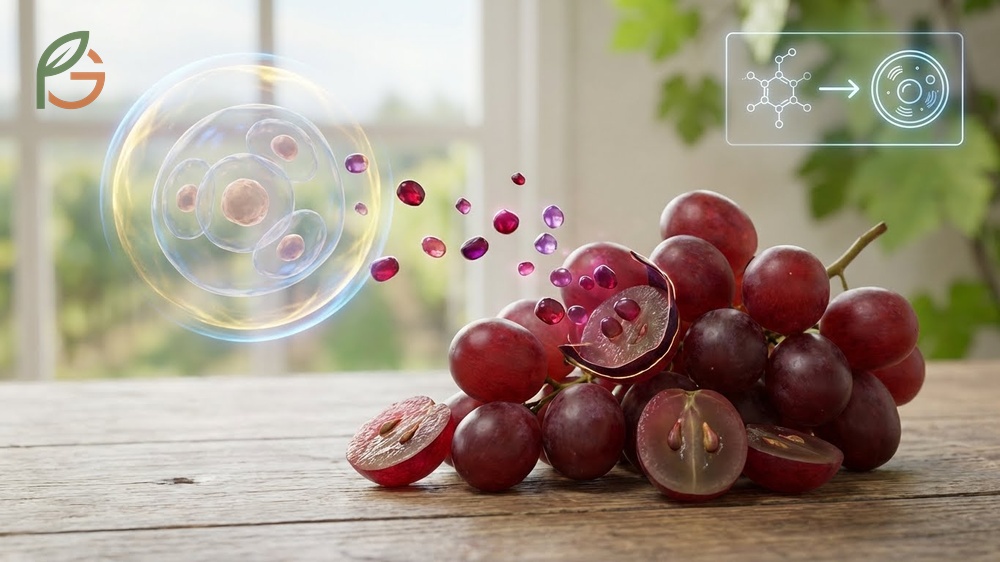 Benefits of red grapes deliver 1400mg of polyphenols per serving to protect cells from oxidative damage.