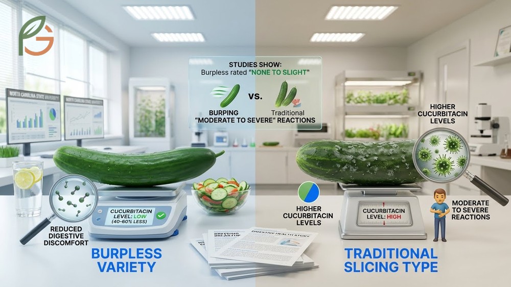 Burpless cucumber varieties with thin skins and lower cucurbitacin levels to reduce burping and digestive discomfort.