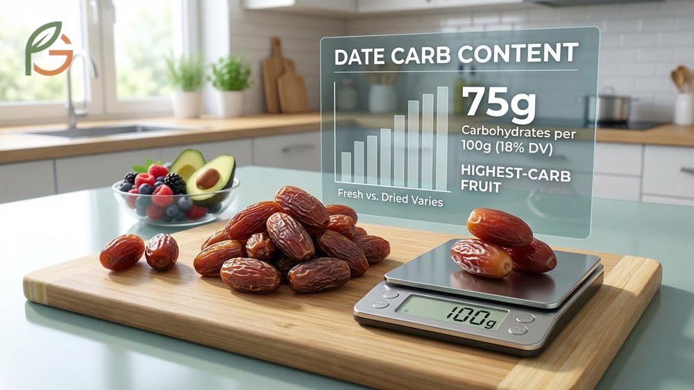 Date carb content breakdown revealing 14g net carbs per single Medjool date and 75g total carbs per 100g serving.