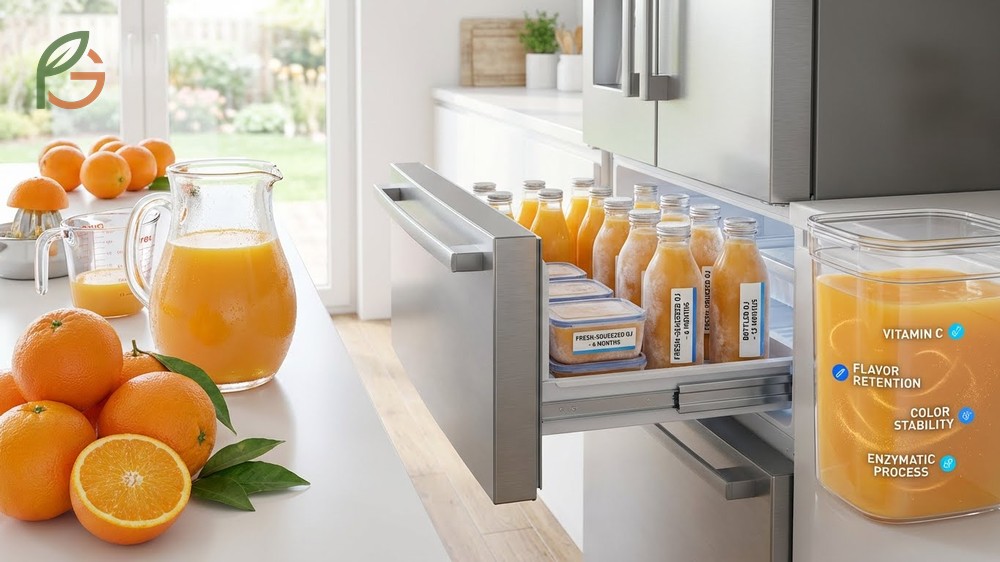 Freezing fresh oranges juice in ice cube trays or bags preserves flavor and vitamins for up to 1 year.