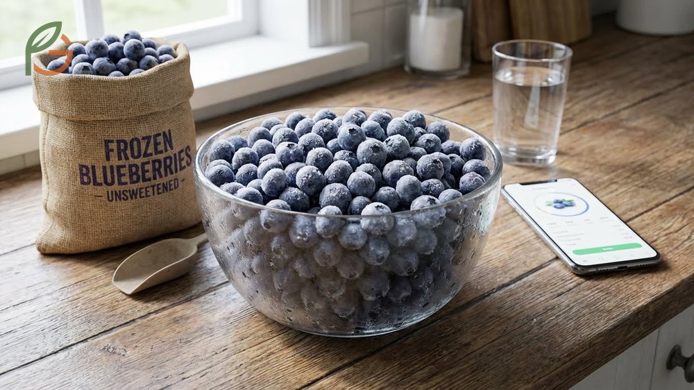 Frozen blueberries nutrition facts listing 79 calories and 4g fiber per cup for a healthy low calorie snack.