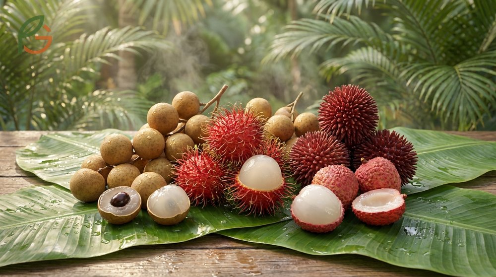 Fruit similar to lychee like rambutan and pulasan thriving in tropical climates with high humidity.