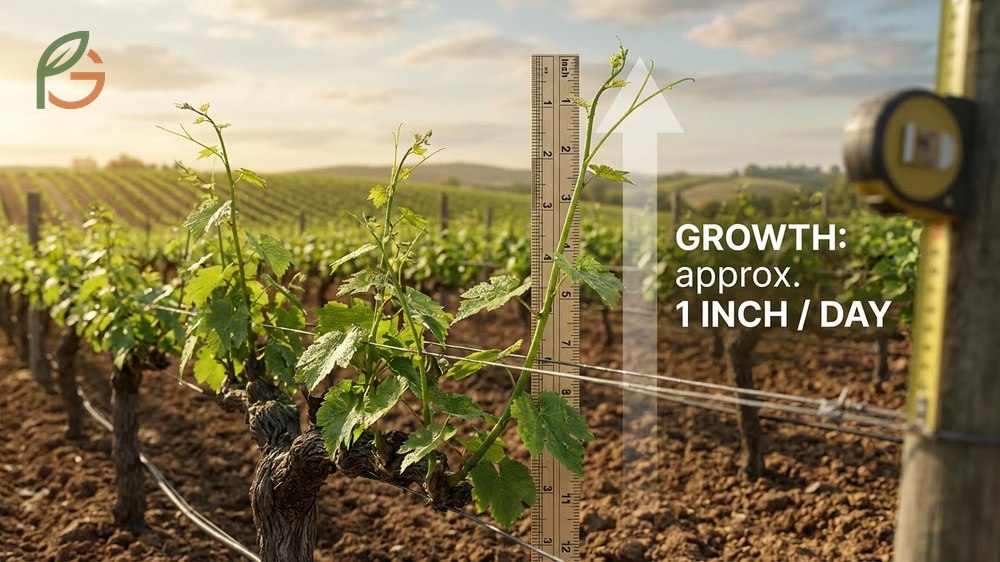 Established grape vines grow rapidly in late spring with shoots extending an average of 1 inch per day under ideal conditions.