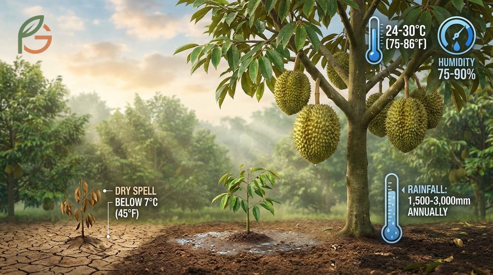 Growing conditions and climate needs showing durian trees thriving in 75-90 percent humidity environments.