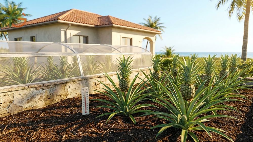 Smooth Cayenne and Red Spanish pineapple varieties cultivated in a sunny Florida landscape.