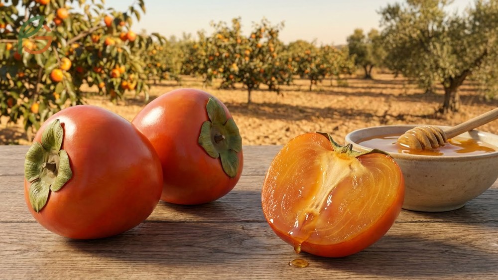 Ripe Hachiya persimmons hanging on a tree displaying their elongated acorn shape and deep orange color.