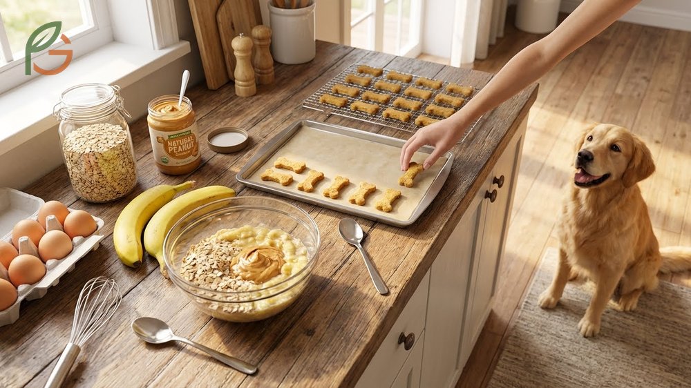 Homemade banana dog treats baked with oats and dog-safe peanut butter for a healthy snack.