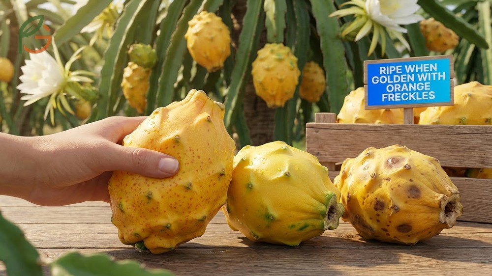 How to tell if yellow dragon fruit is ripe by looking for golden skin and small orange freckles.
