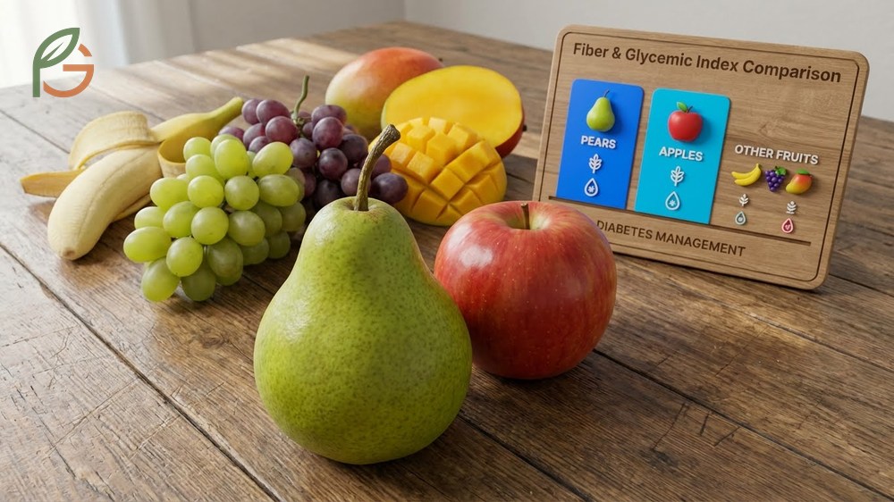 Comparison chart showing pears have lower glycemic impact than bananas and grapes making them safer for diabetic diets.