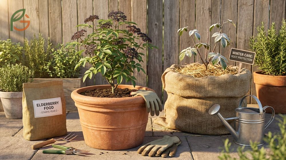 Potted elderberry care involves annual pruning in late winter and consistent fertilizing to maintain fruit production.