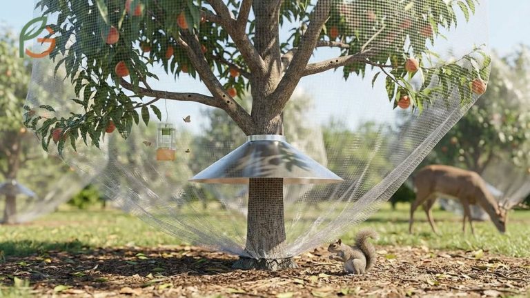 How to protect peach trees from squirrels using baffles and netting to prevent crop loss effectively.